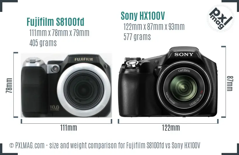 Fujifilm S8100fd vs Sony HX100V size comparison