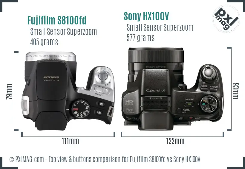 Fujifilm S8100fd vs Sony HX100V top view buttons comparison