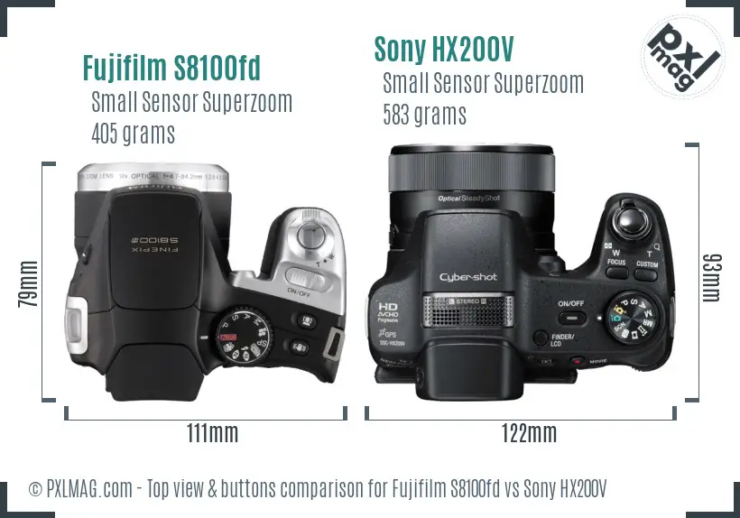 Fujifilm S8100fd vs Sony HX200V top view buttons comparison Fujifilm S8100fd vs Sony HX200V top view buttons comparison