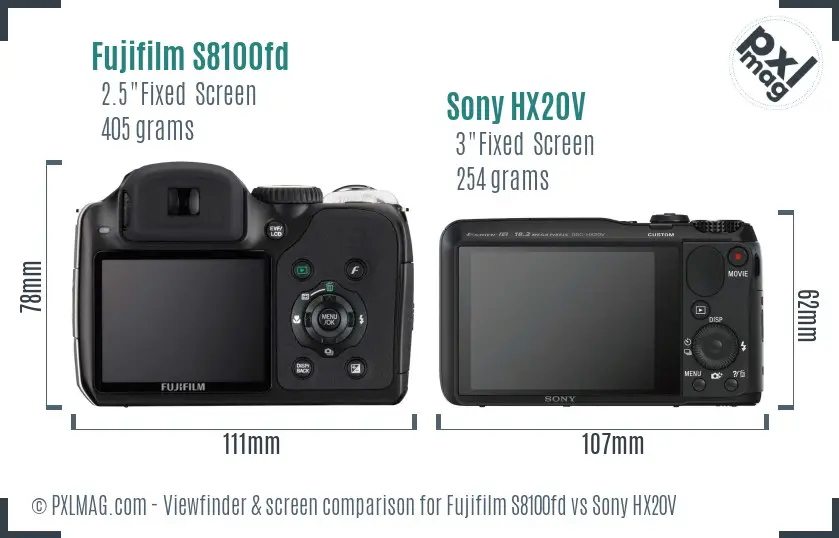 Fujifilm S8100fd vs Sony HX20V Screen and Viewfinder comparison