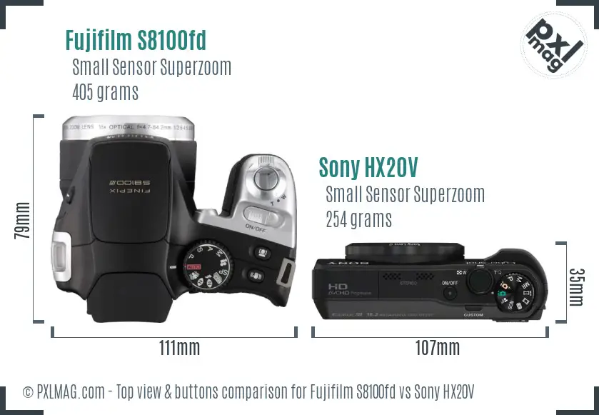 Fujifilm S8100fd vs Sony HX20V top view buttons comparison