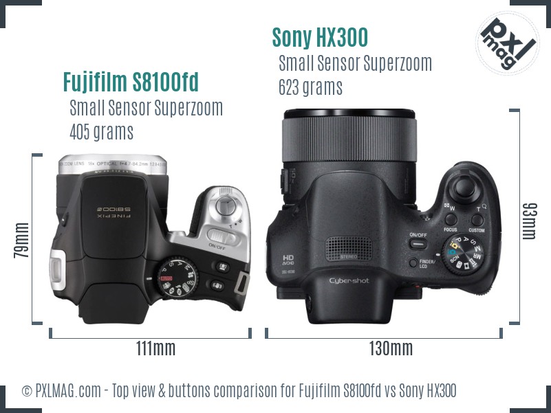 Fujifilm S8100fd vs Sony HX300 top view buttons comparison