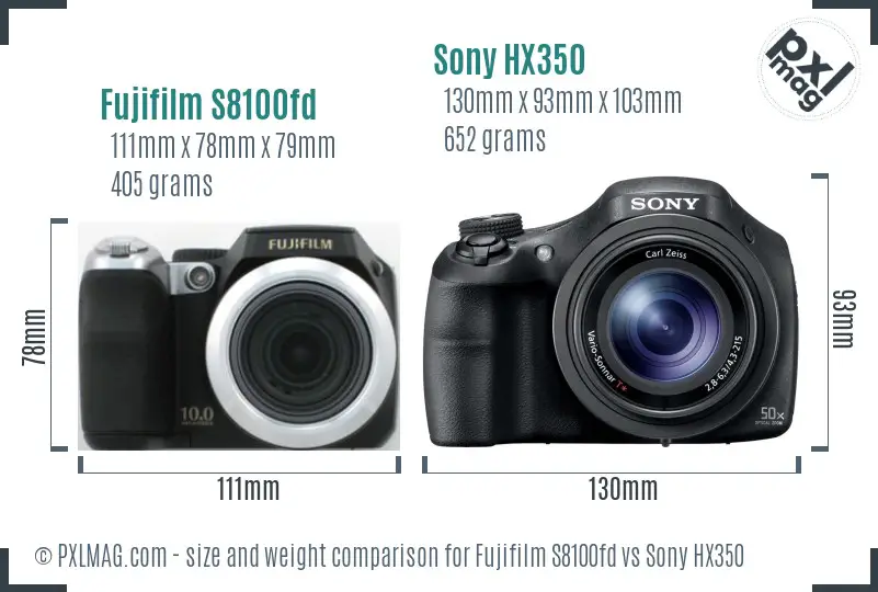 Fujifilm S8100fd vs Sony HX350 size comparison