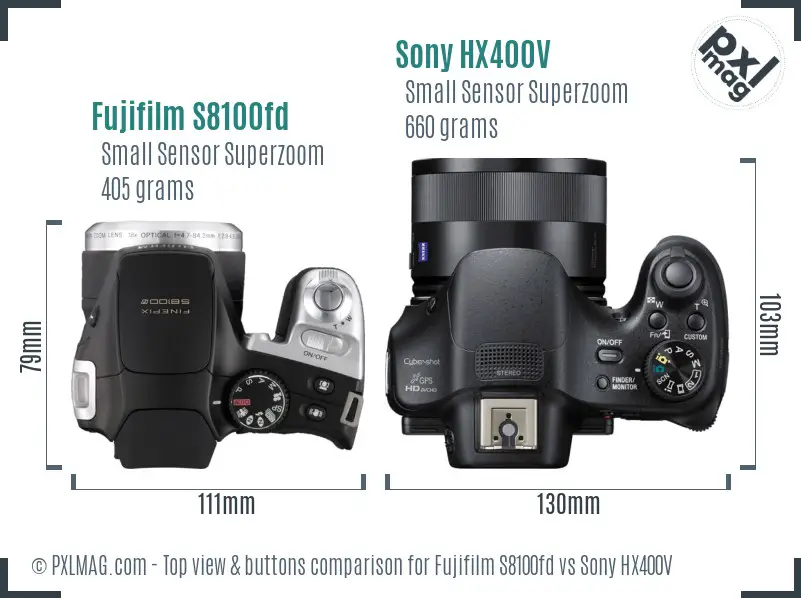 Fujifilm S8100fd vs Sony HX400V top view buttons comparison Fujifilm S8100fd vs Sony HX400V top view buttons comparison