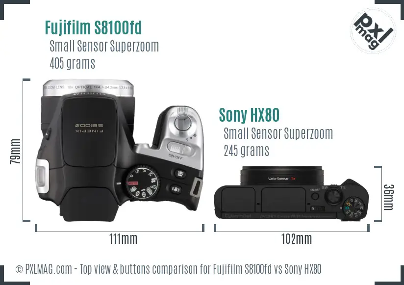 Fujifilm S8100fd vs Sony HX80 top view buttons comparison