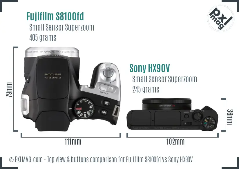 Fujifilm S8100fd vs Sony HX90V top view buttons comparison