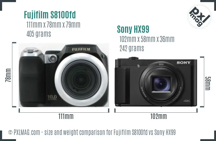 Fujifilm S8100fd vs Sony HX99 size comparison