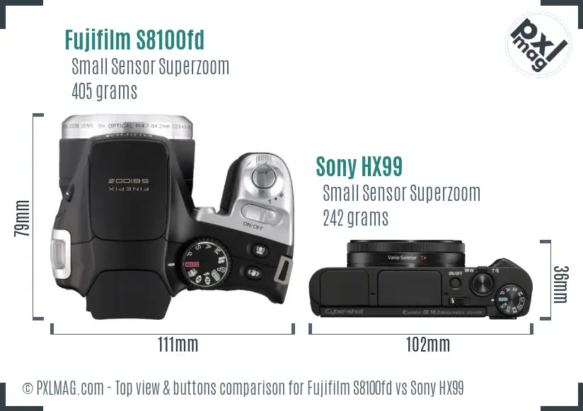 Fujifilm S8100fd vs Sony HX99 top view buttons comparison
