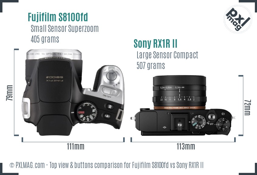 Fujifilm S8100fd vs Sony RX1R II top view buttons comparison