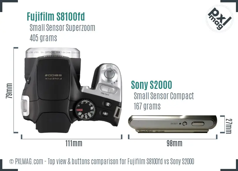Fujifilm S8100fd vs Sony S2000 top view buttons comparison Fujifilm S8100fd vs Sony S2000 top view buttons comparison
