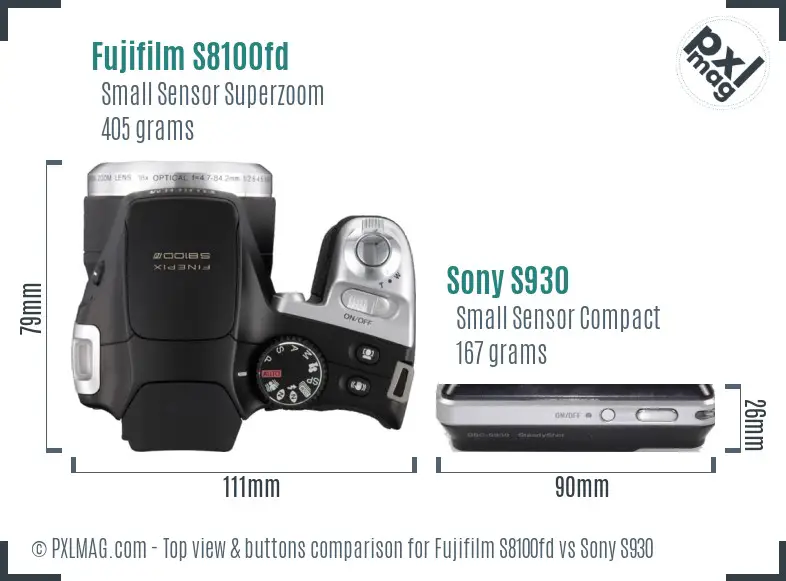 Fujifilm S8100fd vs Sony S930 top view buttons comparison Fujifilm S8100fd vs Sony S930 top view buttons comparison