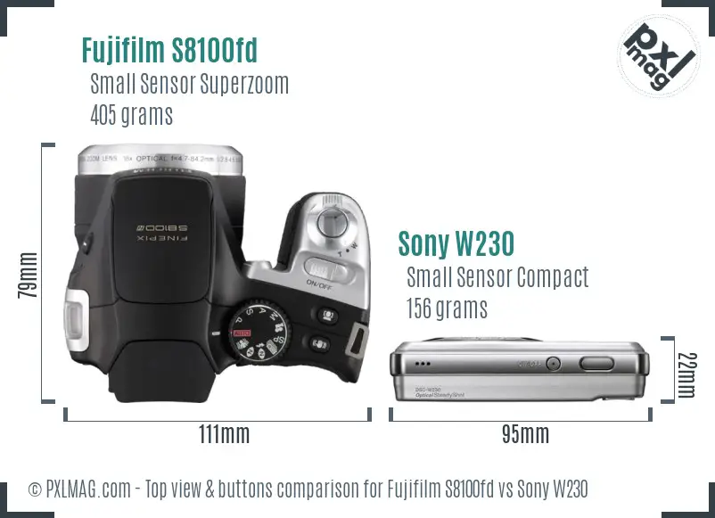Fujifilm S8100fd vs Sony W230 top view buttons comparison