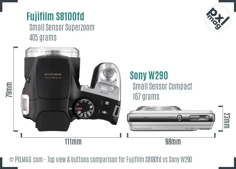 Fujifilm S8100fd vs Sony W290 top view buttons comparison Fujifilm S8100fd vs Sony W290 top view buttons comparison