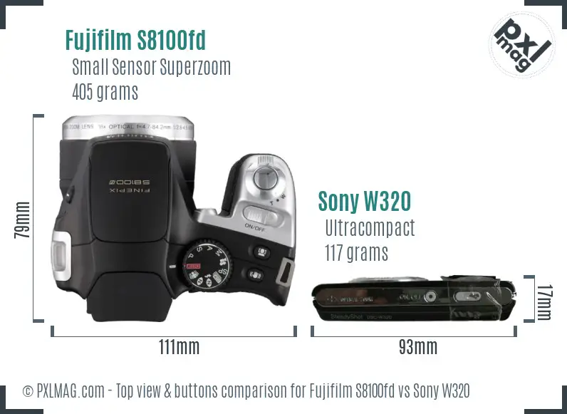 Fujifilm S8100fd vs Sony W320 top view buttons comparison