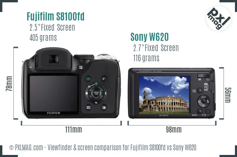 Fujifilm S8100fd vs Sony W620 Screen and Viewfinder comparison