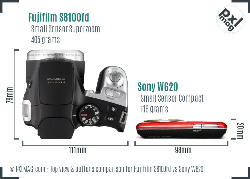 Fujifilm S8100fd vs Sony W620 top view buttons comparison