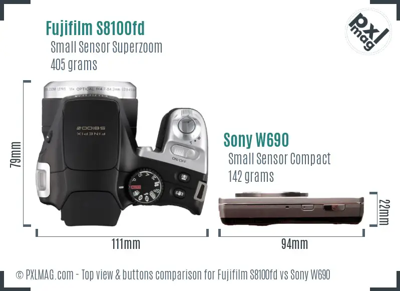 Fujifilm S8100fd vs Sony W690 top view buttons comparison