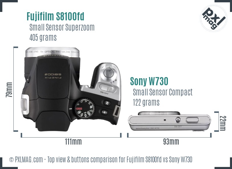 Fujifilm S8100fd vs Sony W730 top view buttons comparison