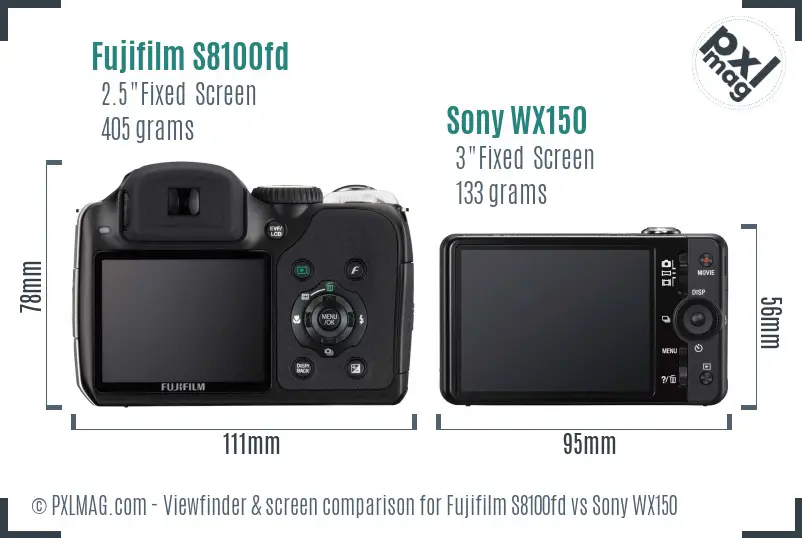 Fujifilm S8100fd vs Sony WX150 Screen and Viewfinder comparison