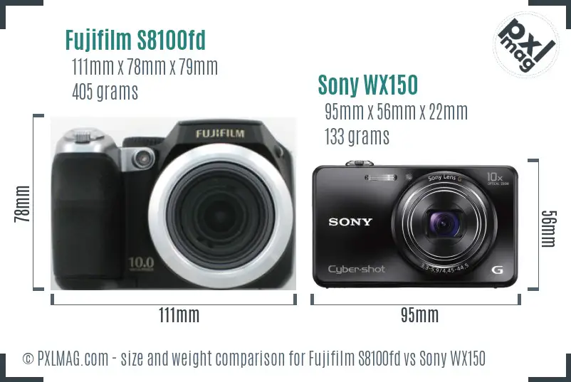 Fujifilm S8100fd vs Sony WX150 size comparison