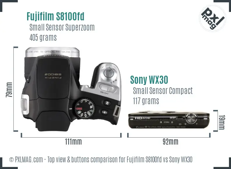 Fujifilm S8100fd vs Sony WX30 top view buttons comparison Fujifilm S8100fd vs Sony WX30 top view buttons comparison