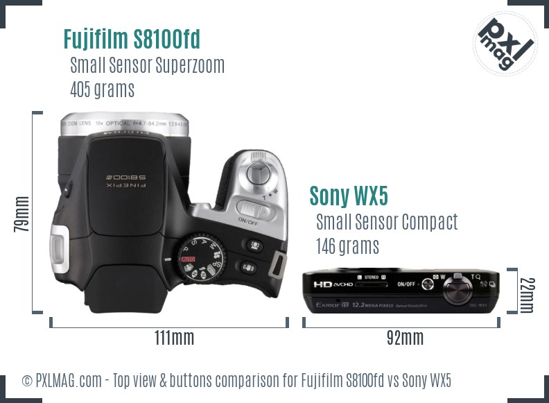 Fujifilm S8100fd vs Sony WX5 top view buttons comparison