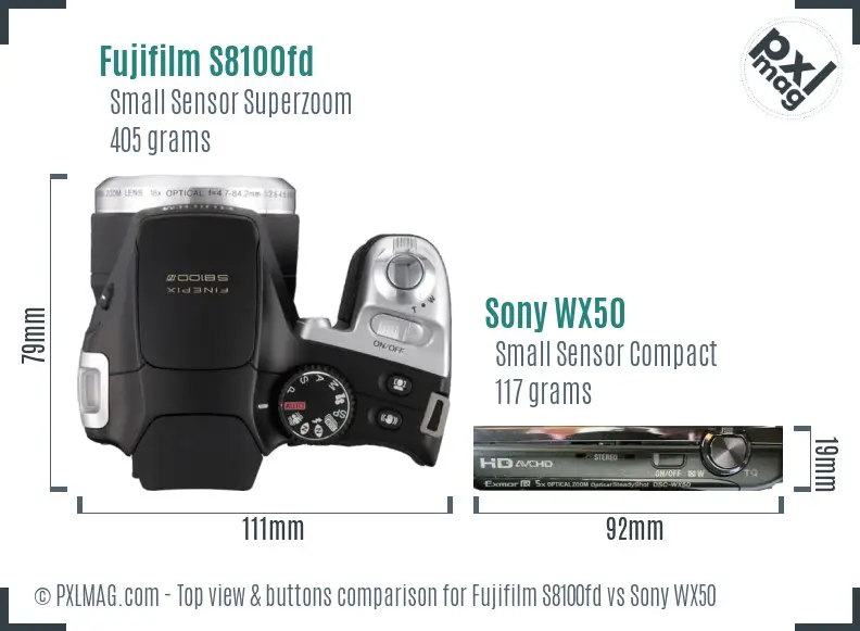 Fujifilm S8100fd vs Sony WX50 top view buttons comparison