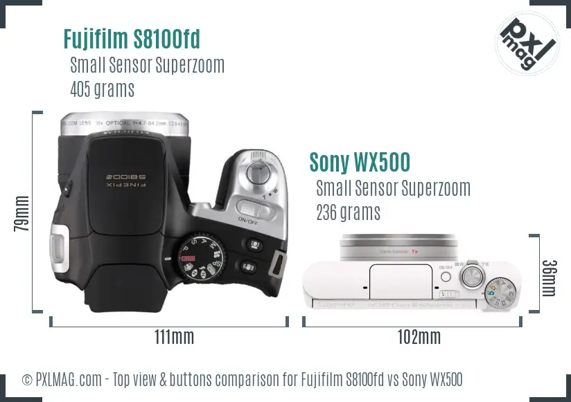 Fujifilm S8100fd vs Sony WX500 top view buttons comparison Fujifilm S8100fd vs Sony WX500 top view buttons comparison