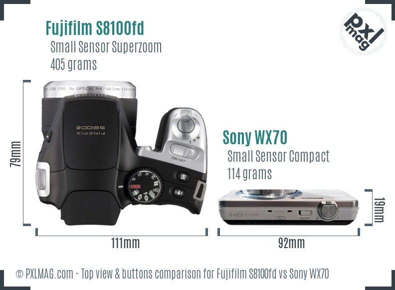 Fujifilm S8100fd vs Sony WX70 top view buttons comparison