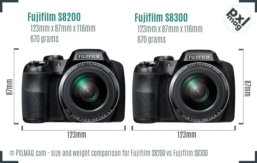Fujifilm S8200 vs Fujifilm S8300 size comparison