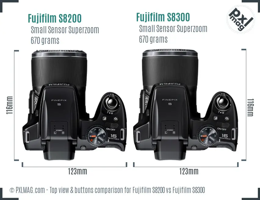 Fujifilm S8200 vs Fujifilm S8300 top view buttons comparison