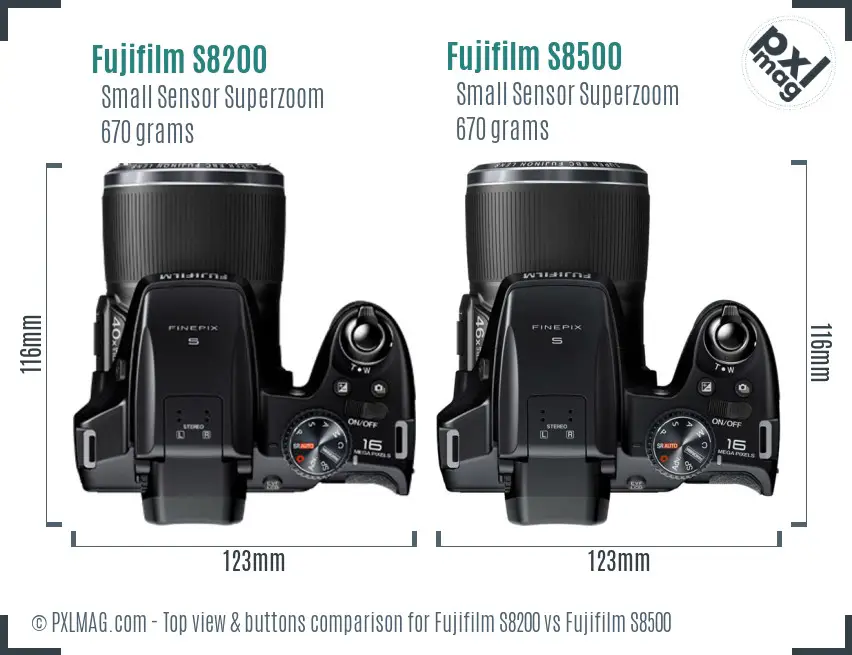 Fujifilm S8200 vs Fujifilm S8500 top view buttons comparison