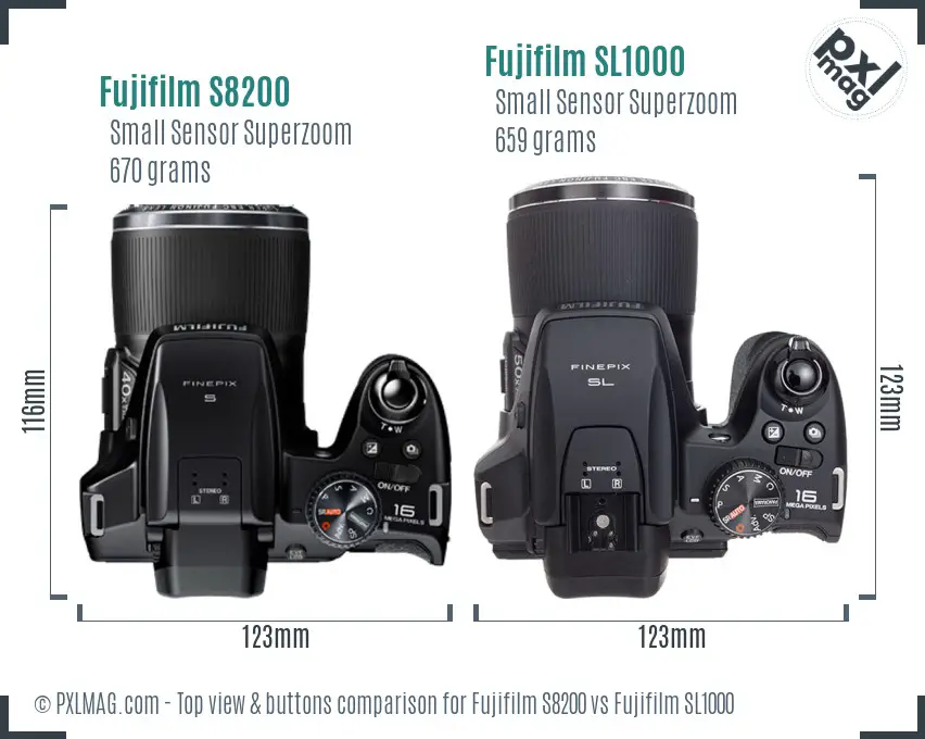Fujifilm S8200 vs Fujifilm SL1000 top view buttons comparison