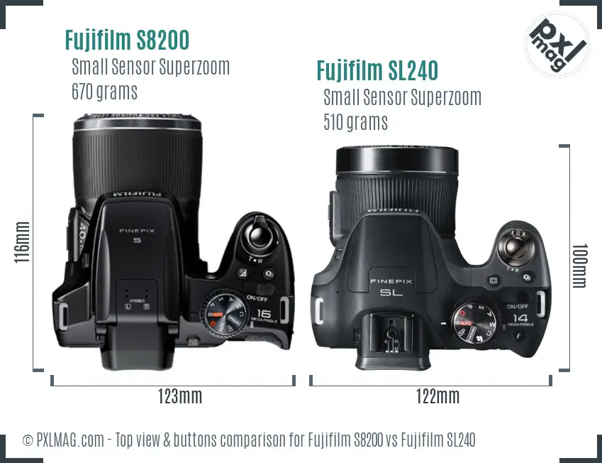 Fujifilm S8200 vs Fujifilm SL240 top view buttons comparison