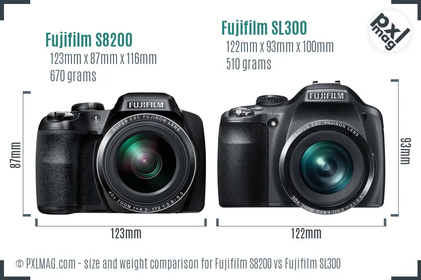 Fujifilm S8200 vs Fujifilm SL300 size comparison