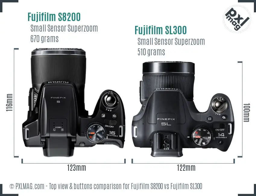 Fujifilm S8200 vs Fujifilm SL300 top view buttons comparison