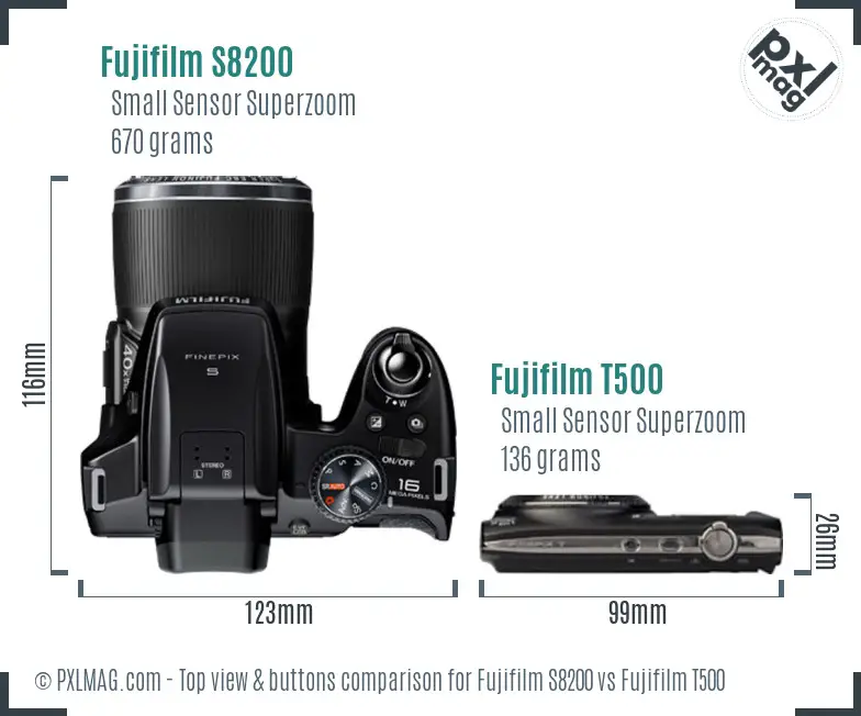 Fujifilm S8200 vs Fujifilm T500 top view buttons comparison