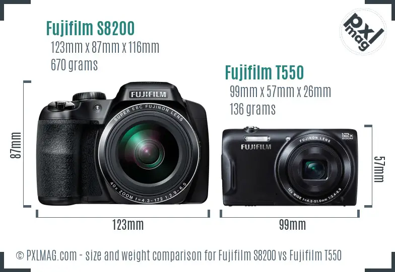 Fujifilm S8200 vs Fujifilm T550 size comparison