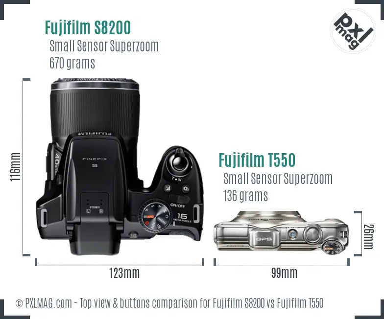 Fujifilm S8200 vs Fujifilm T550 top view buttons comparison