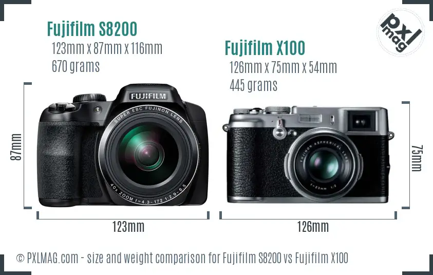 Fujifilm S8200 vs Fujifilm X100 size comparison