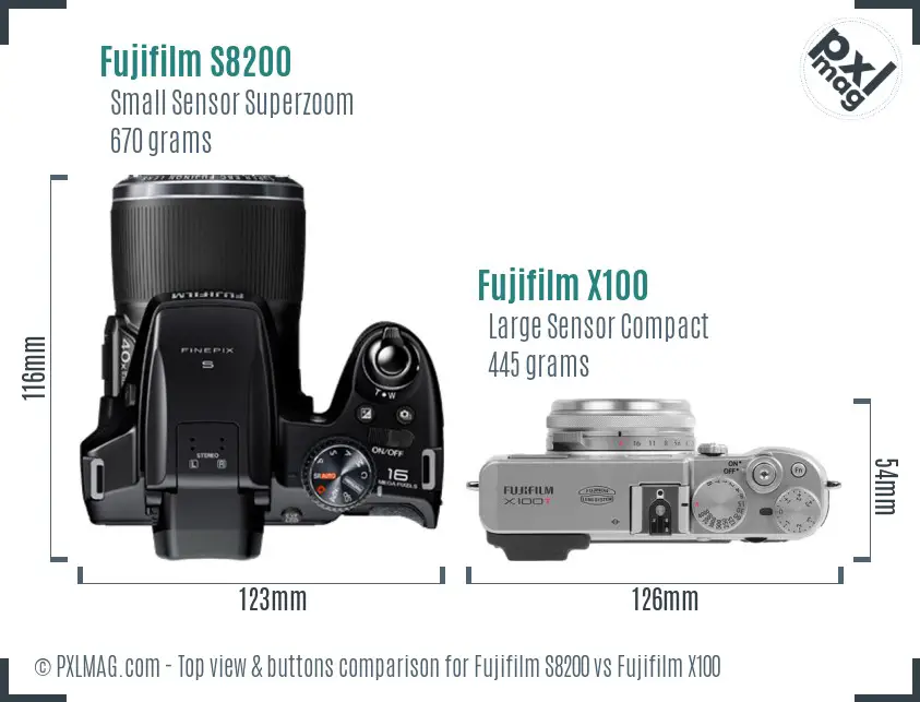 Fujifilm S8200 vs Fujifilm X100 top view buttons comparison