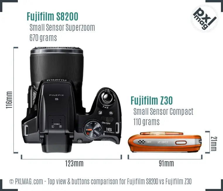 Fujifilm S8200 vs Fujifilm Z30 top view buttons comparison