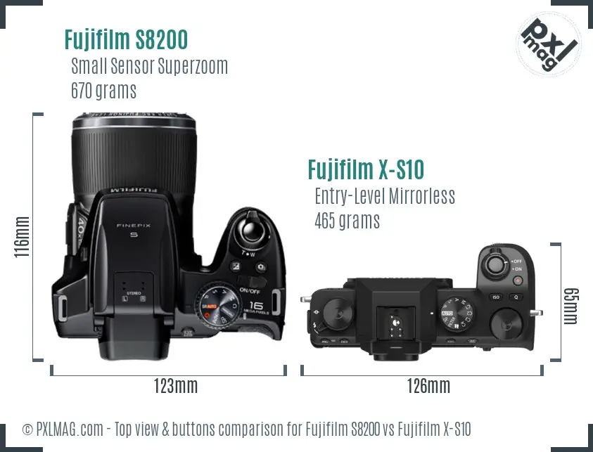 Fujifilm S8200 vs Fujifilm X-S10 top view buttons comparison