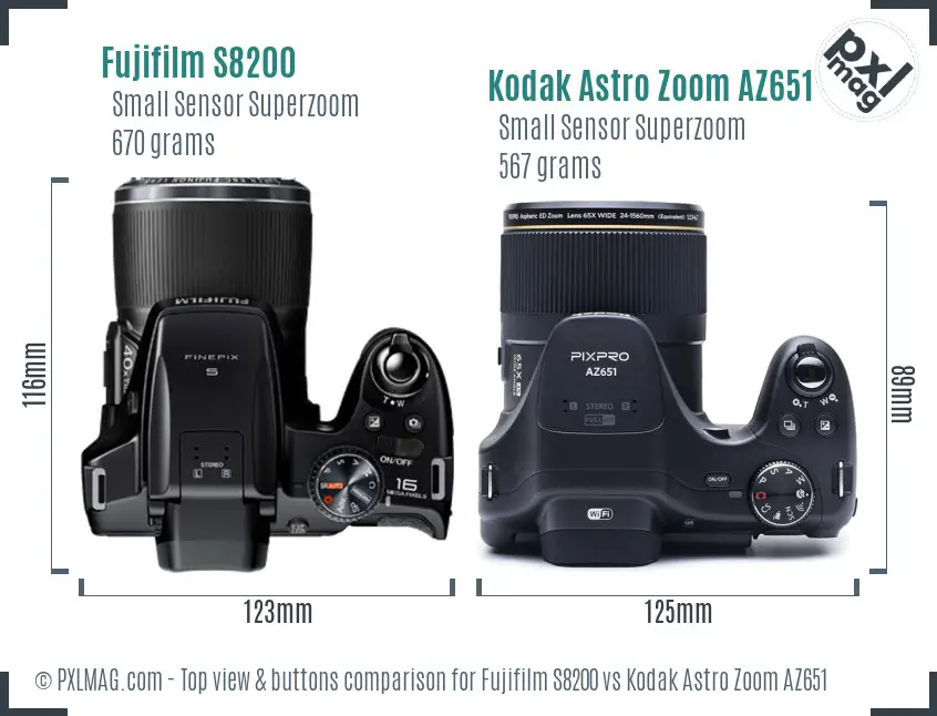 Fujifilm S8200 vs Kodak Astro Zoom AZ651 top view buttons comparison
