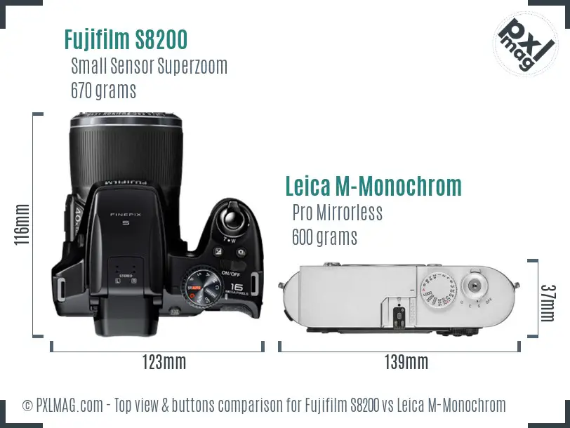 Fujifilm S8200 vs Leica M-Monochrom top view buttons comparison