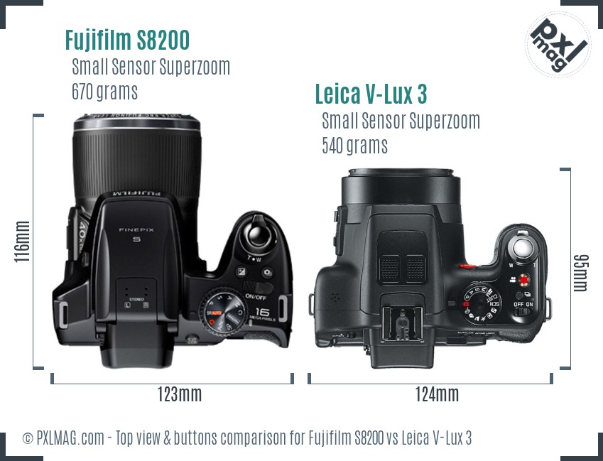 Fujifilm S8200 vs Leica V-Lux 3 top view buttons comparison