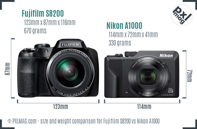 Fujifilm S8200 vs Nikon A1000 size comparison