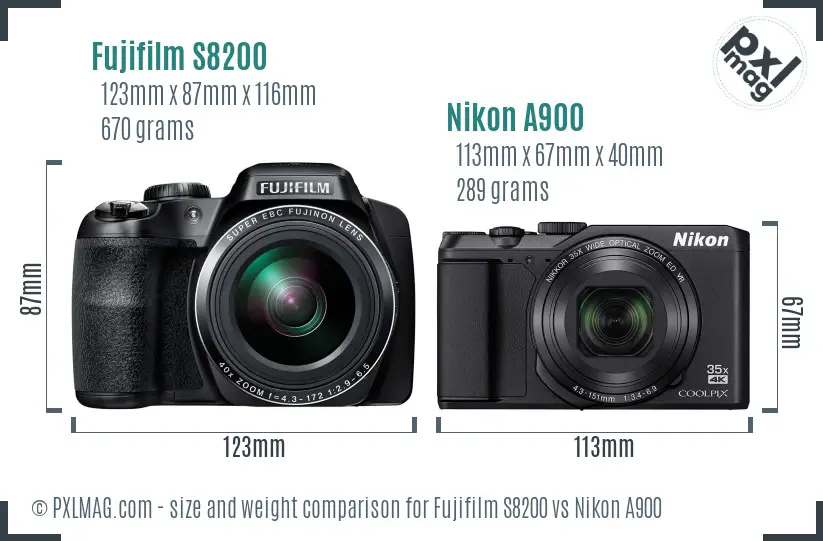 Fujifilm S8200 vs Nikon A900 size comparison