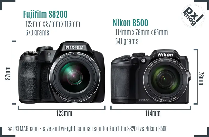 Fujifilm S8200 vs Nikon B500 size comparison