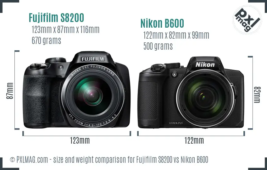 Fujifilm S8200 vs Nikon B600 size comparison